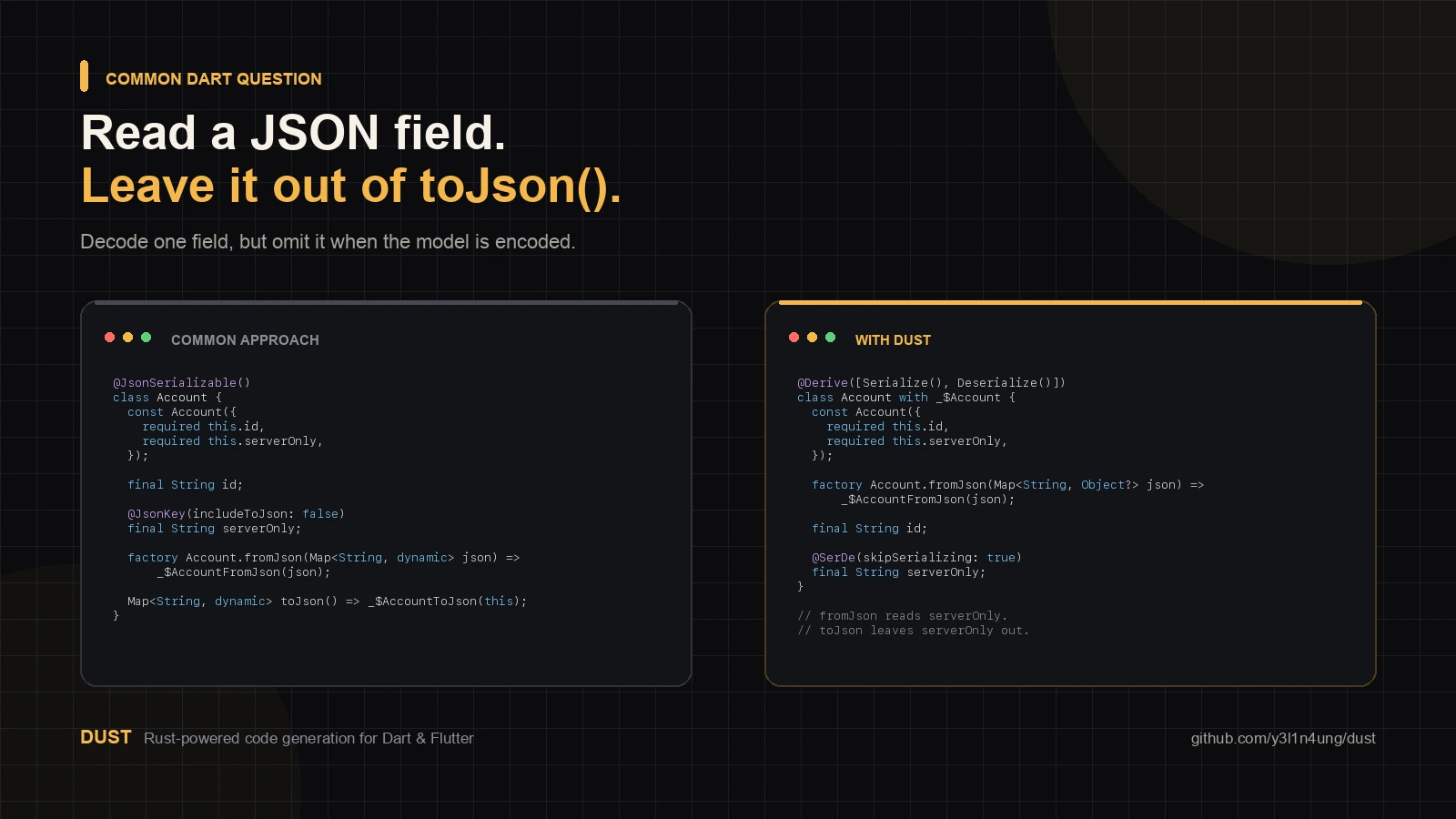 A json_serializable field exclusion beside the Dust Serde alternative