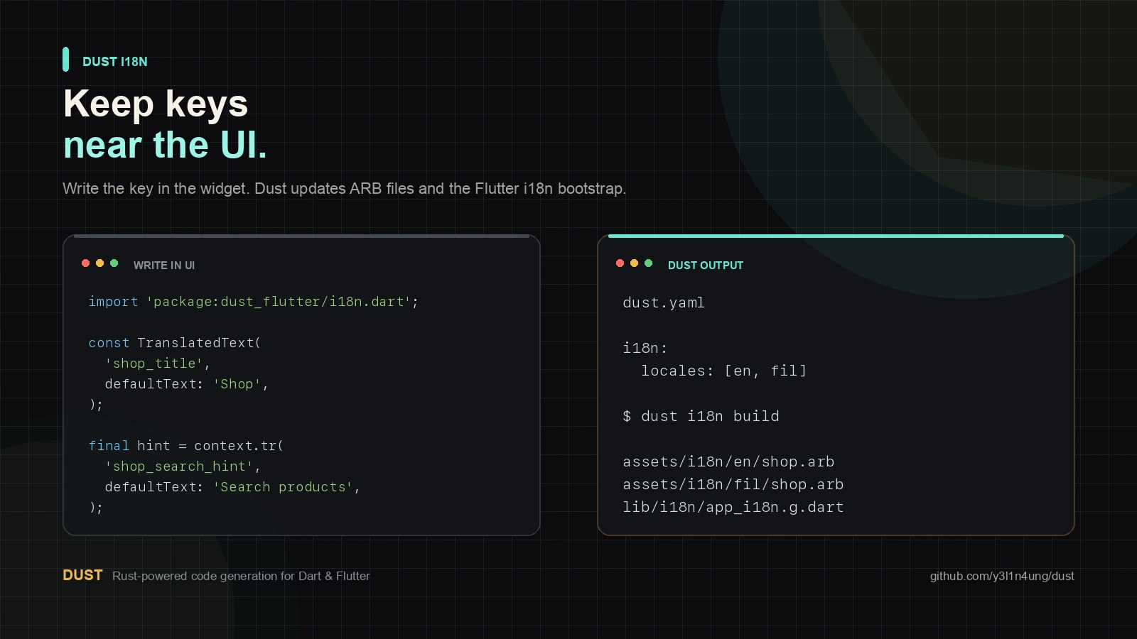 Dust i18n example showing static translation keys and generated ARB output
