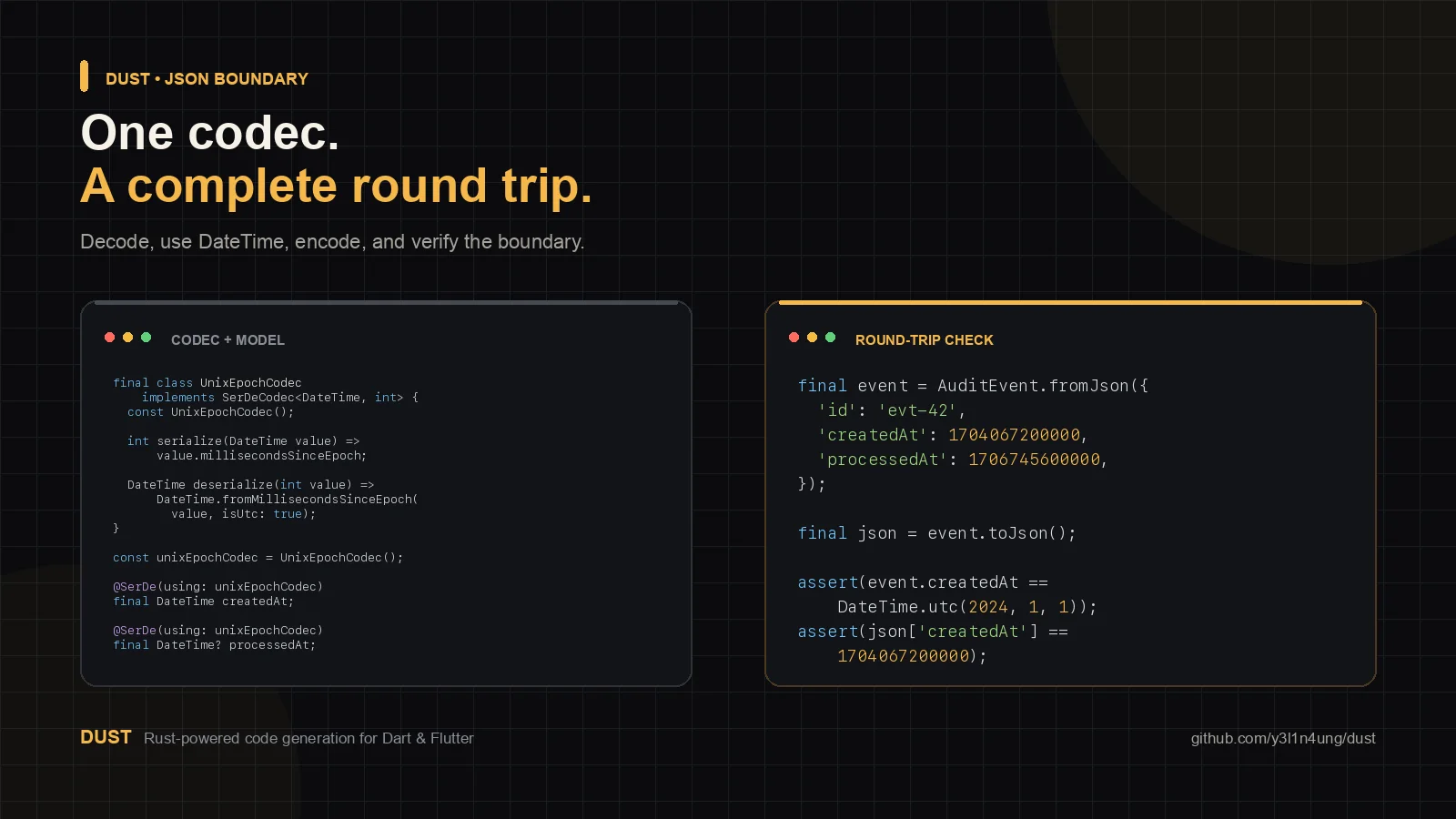 Complete Dust custom codec model and JSON round-trip example