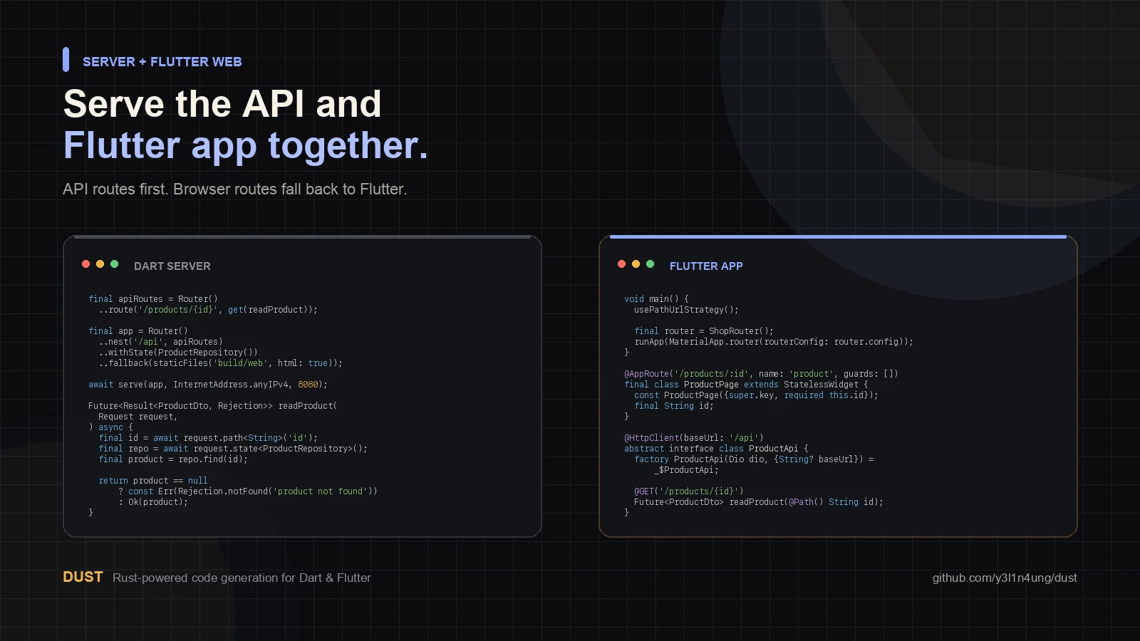 Dust tutorial showing a Dart server serving API routes and a Flutter web app together